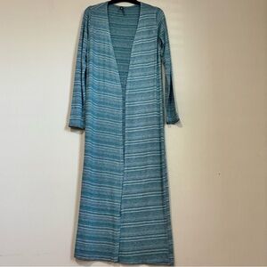 Femmina Vintage USA Preppy Open Front Blue White Striped Long Duster Cardigan M